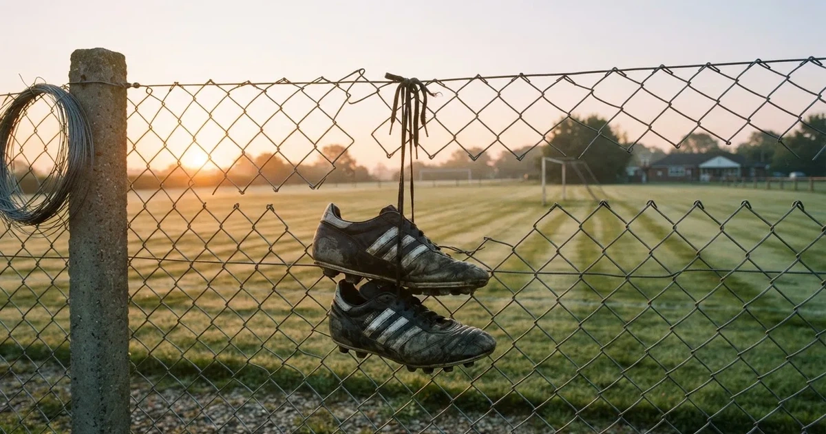Znoszone buty piłkarskie zawieszone za sznurówki na drucianym płocie na skraju boiska treningowego o wschodzie słońca.