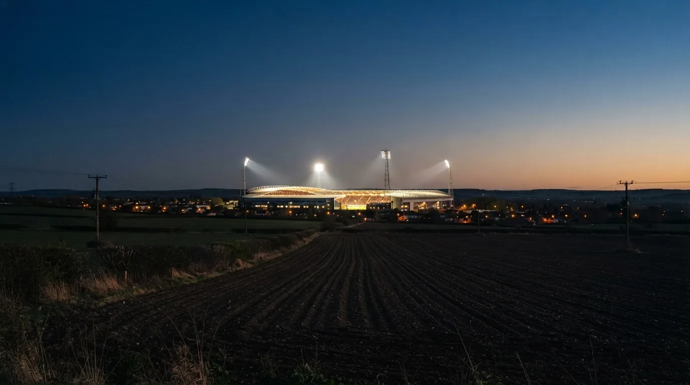Stadion rozświetlony reflektorami widziany z daleka znad ciemnych pól w pogodny wieczór.