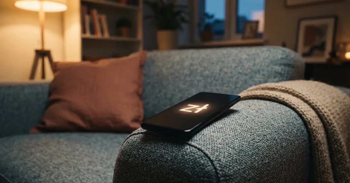 Smartfon z ciemnym wyświetlaczem leży na poręczy sofy obok poduszki w ciepłym świetle lampy.