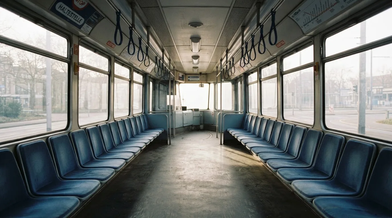Wnętrze pustego tramwaju z rzędami siedzeń i poręczą w porannym świetle.