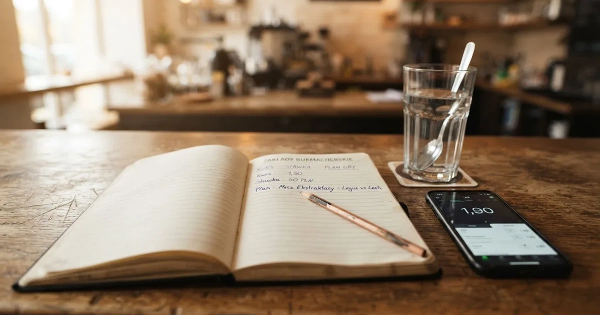 Otwarty notes z odręcznymi notatkami i ołówkiem leży na blacie w kawiarni obok szklanki wody.