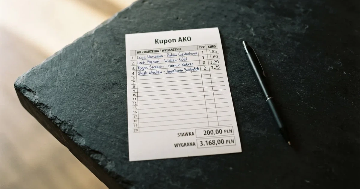 Biały papierowy kupon z pustymi polami leży na ciemnym blacie obok długopisu, widok z góry.