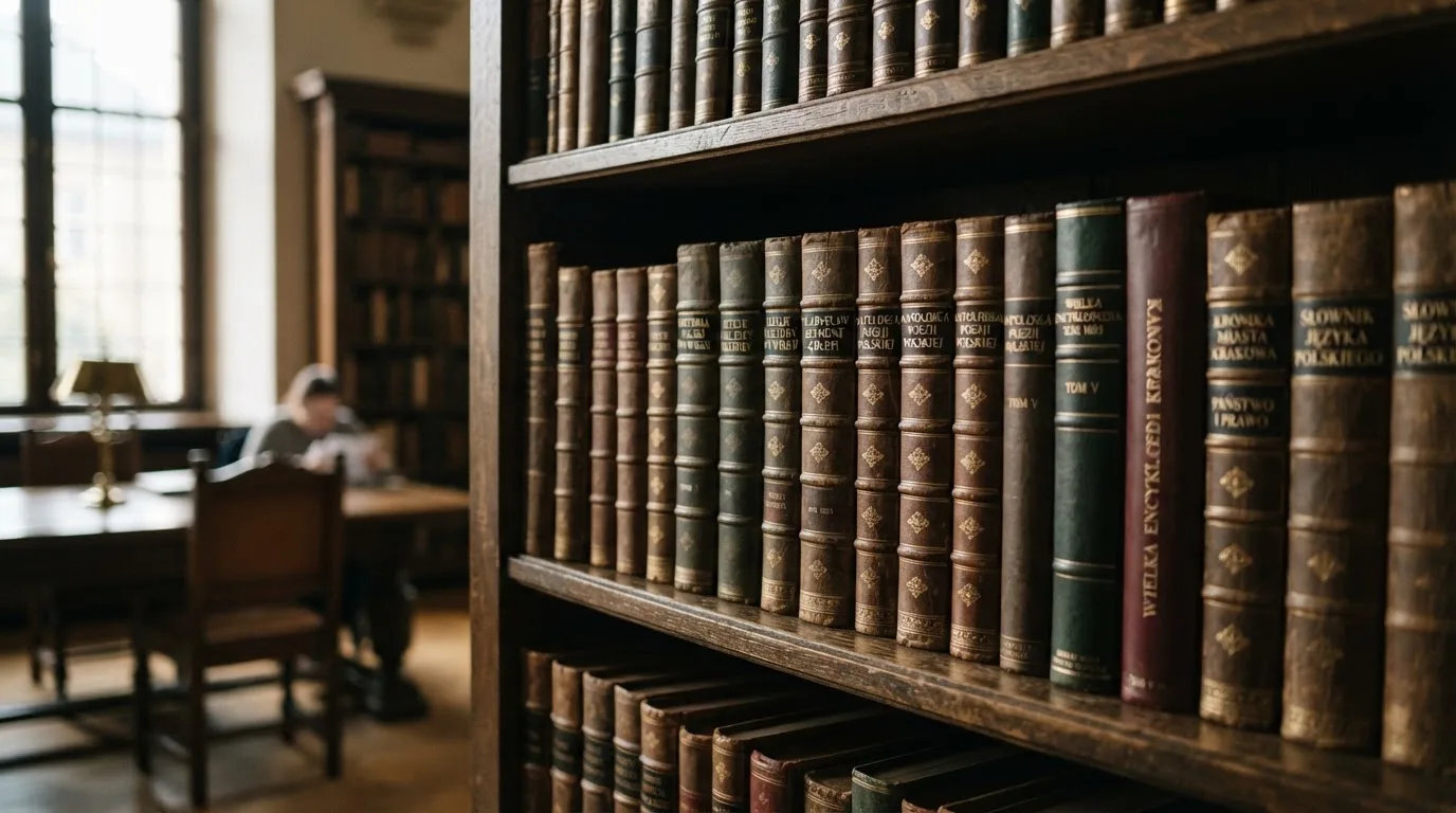 Regał z zamkniętymi książkami w skórzanych oprawach w cichej bibliotece, światło pada z boku.