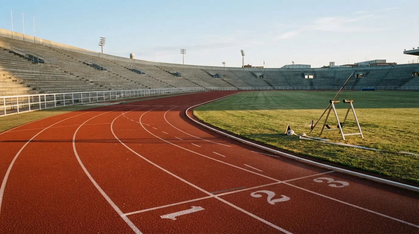 Bieżnia lekkoatletyczna wygięta w łuk pustego stadionu w porannym słońcu.