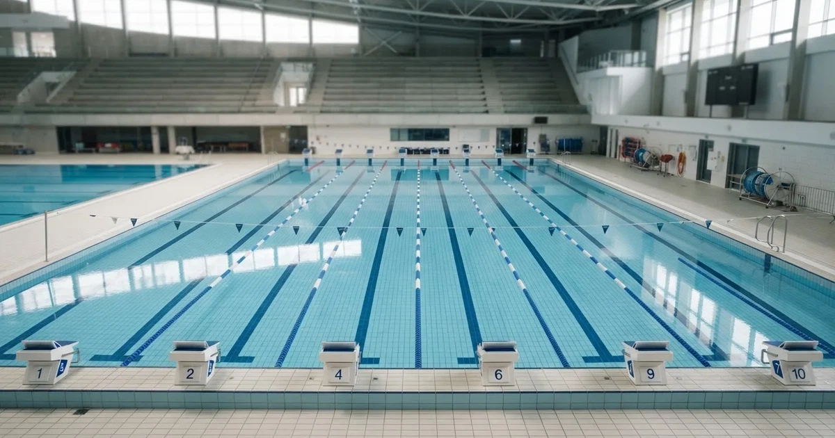 Pusty basen olimpijski z równymi torami i spokojną taflą wody, widok z trybun w jasnym świetle.