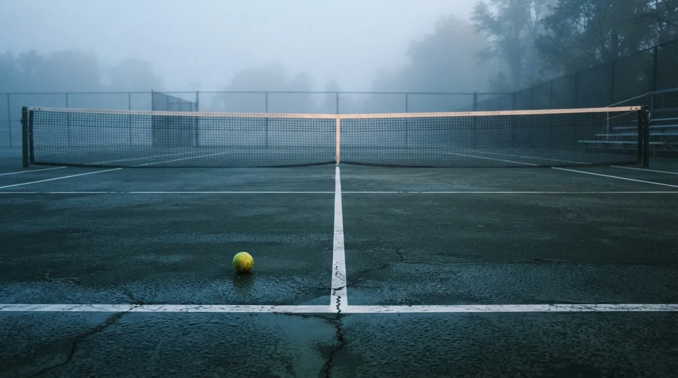 Kort tenisowy o świcie z rosą na linii końcowej i opuszczoną siatką, w tle mgła.