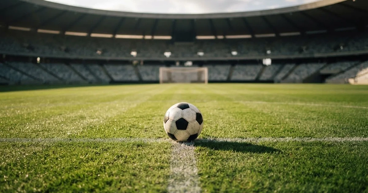 Piłka nożna leżąca na środku murawy w pustym stadionie przed meczem, rzędy siedzisk w półmroku.