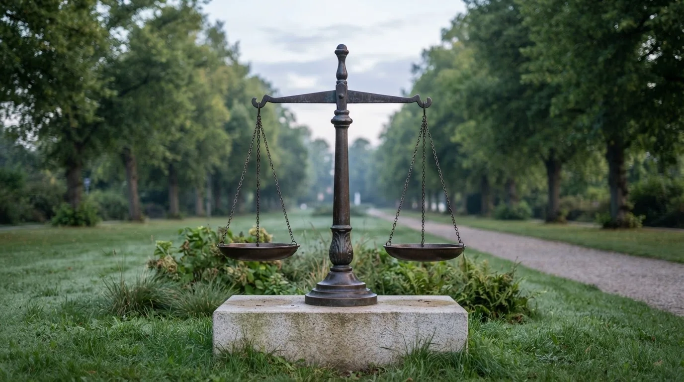 Rzeźba w brązie przedstawiająca wagę szalkową na kamiennym cokole w parku, poranne światło.