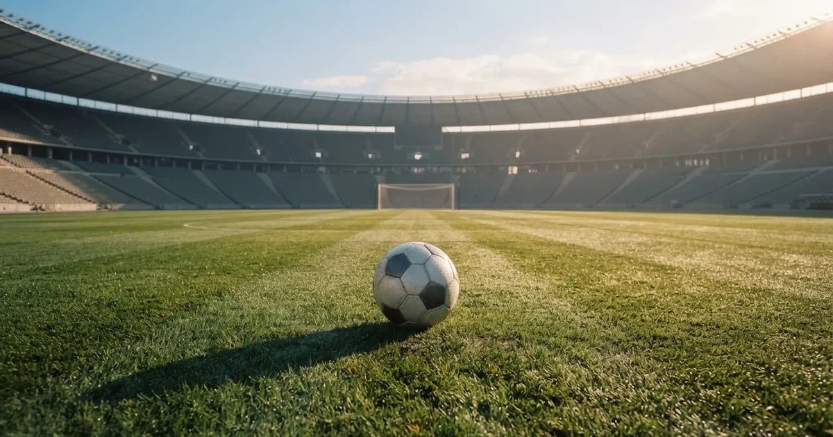 Samotna piłka na murawie ogromnego stadionu o świcie po zakończonej imprezie, trybuny puste.