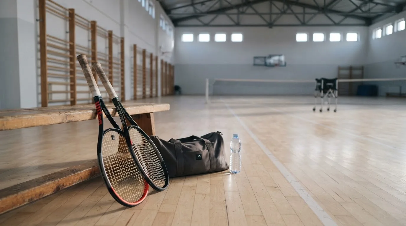 Dwie rakiety tenisowe oparte o ławkę obok sportowej torby i butelki wody w pustej hali treningowej.