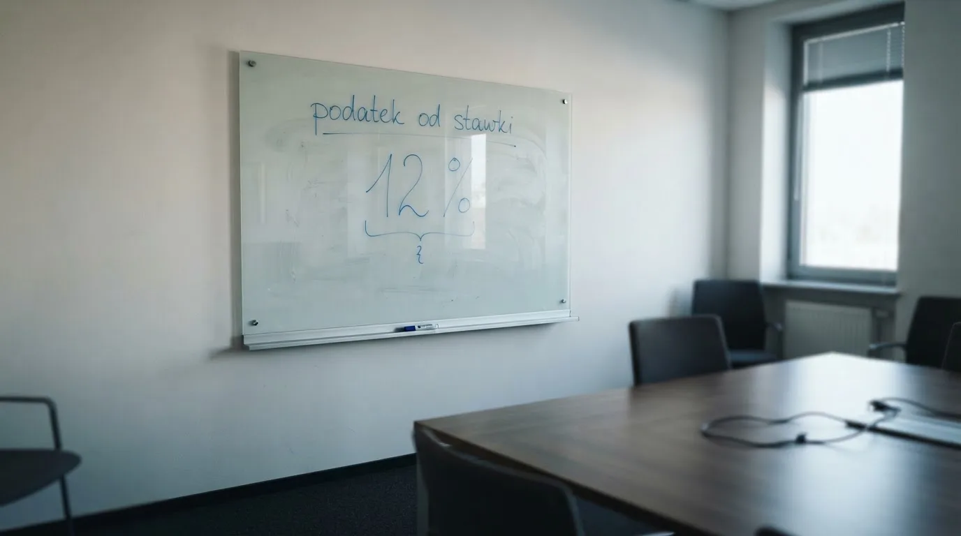 Szklana tablica suchościeralna w pustej sali konferencyjnej, lekko zakurzona, obok leży niebieski pisak.